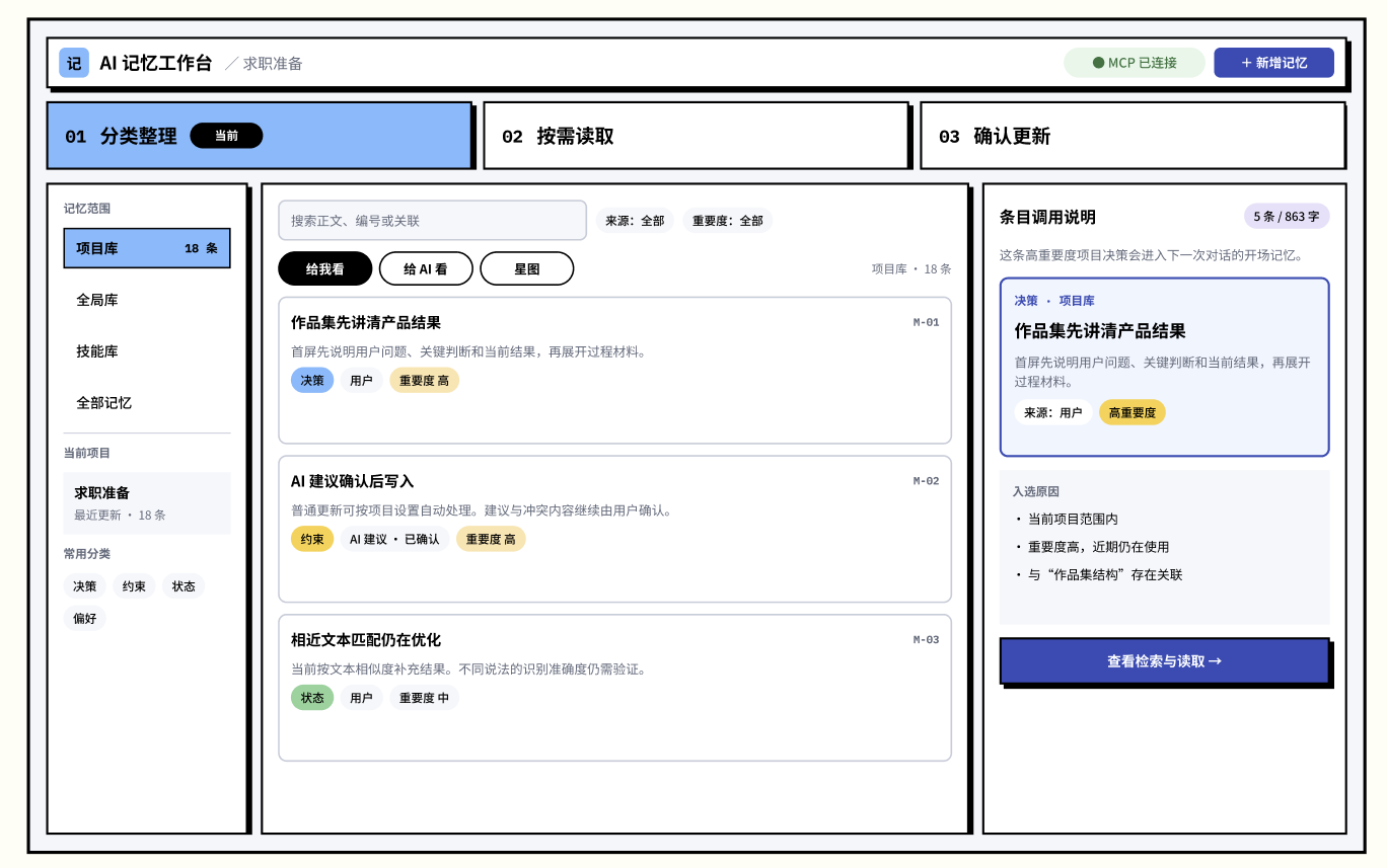 AI 记忆产品可交互原型，展示分类整理、按需读取和确认更新三个流程