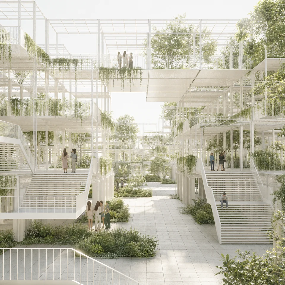 RemediScape 毕业设计项目封面，白色框架建筑与绿植庭院效果图