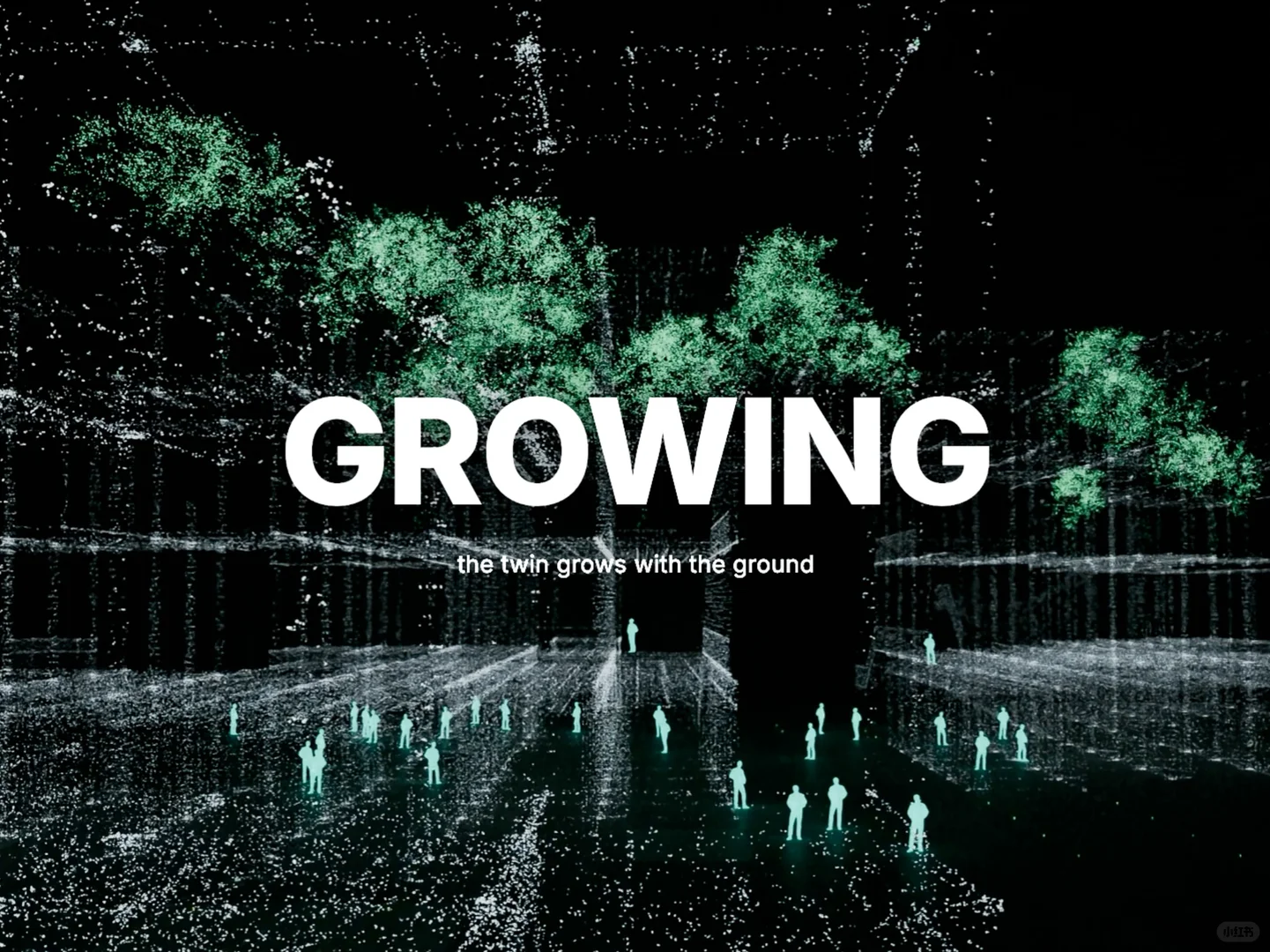 毕业设计视频封面，黑色点云森林画面与 GROWING 标题